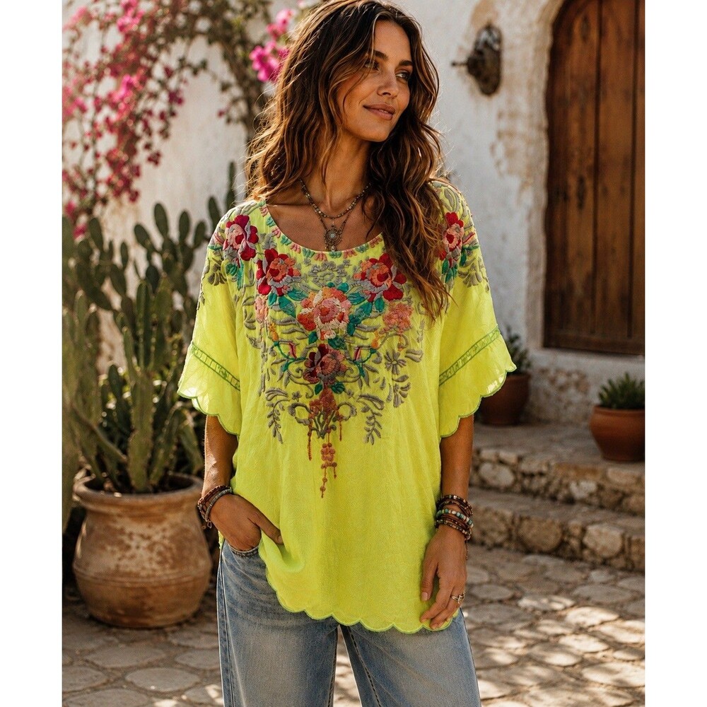 Johnny Was Embroidered Tunic Top Boho Chartreuse Neon Asymmetrical Large